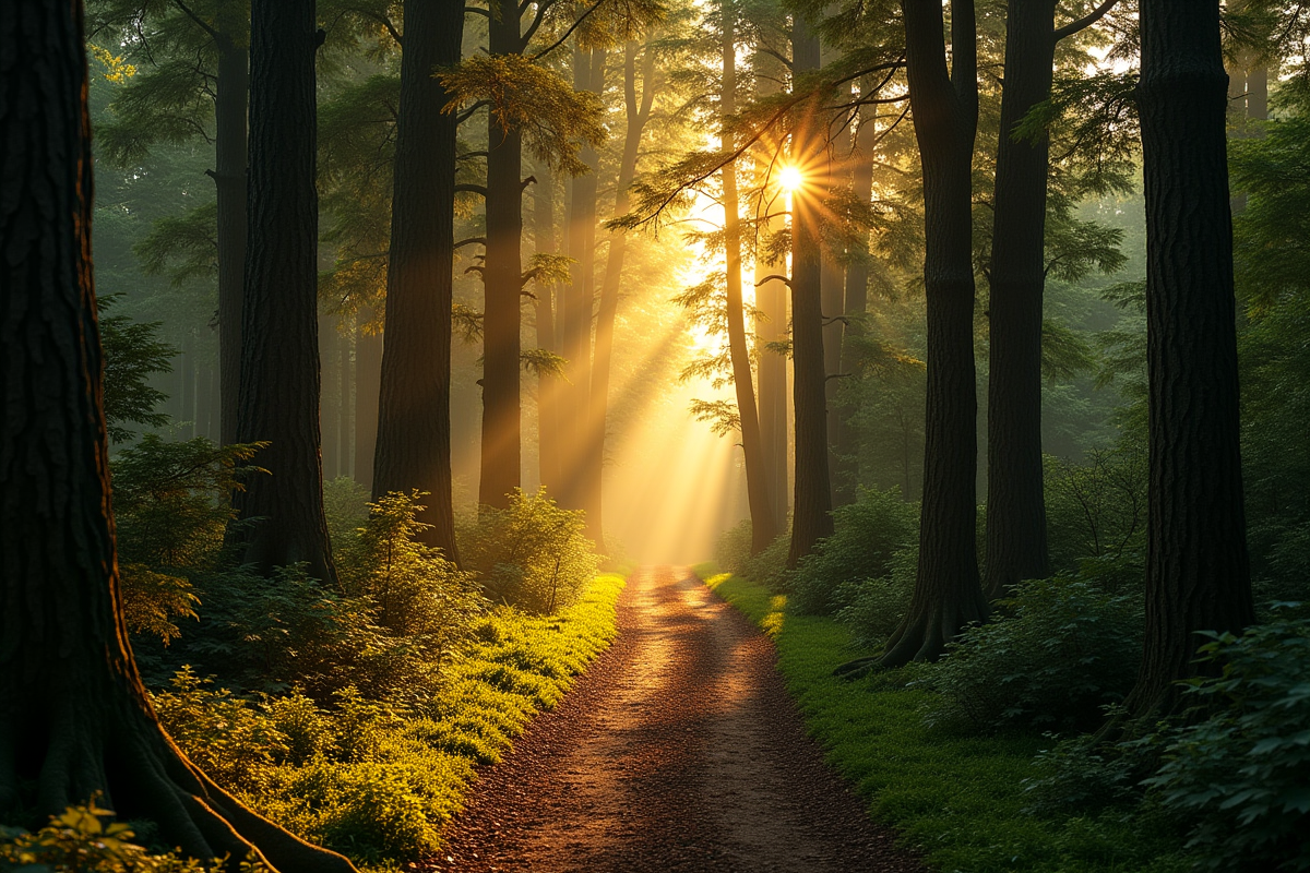Sentier étroit dans une forêt ancienne au coucher du soleil