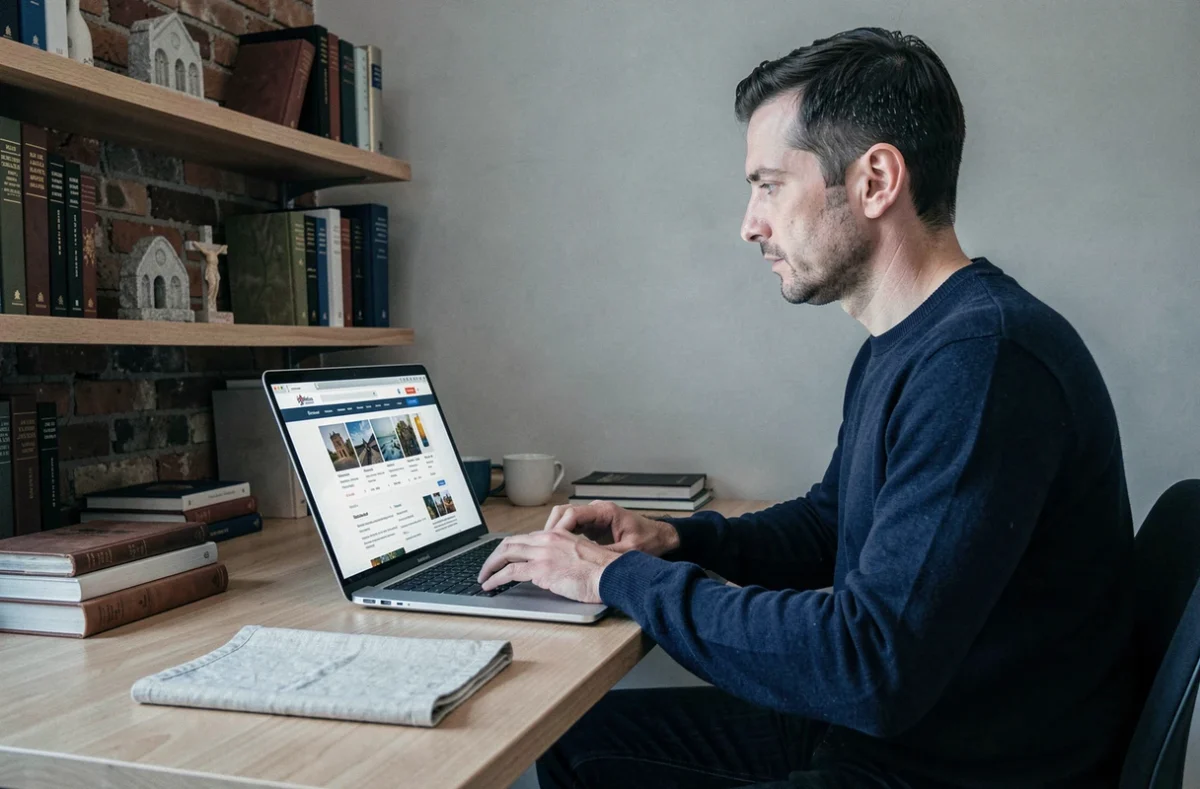 Chercheur consultant le site d'archives numériques d'abbayes sur ordinateur portable dans un bureau moderne