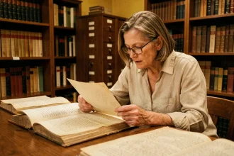 Chercheuse consultant des archives historiques d'abbayes dans une bibliothèque universitaire ancienne