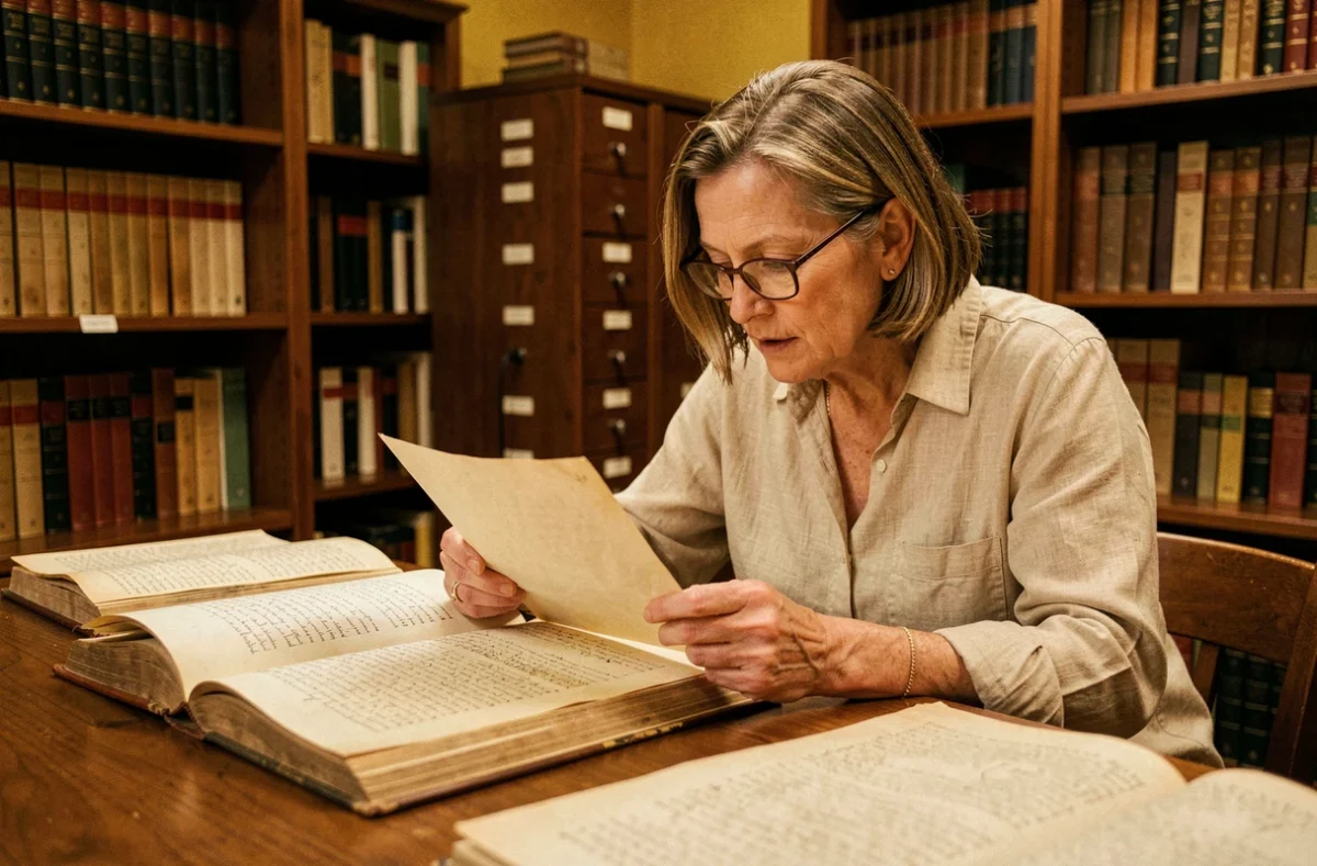 Chercheuse consultant des archives historiques d'abbayes dans une bibliothèque universitaire ancienne