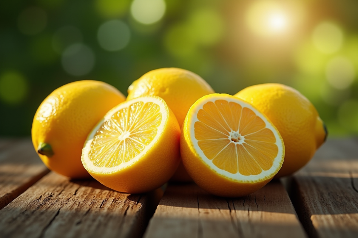 Citron frais coupé et posé sur une table en bois rustique