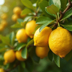 Citronnier en fleurs avec citrons mûrs et verts en plein jour