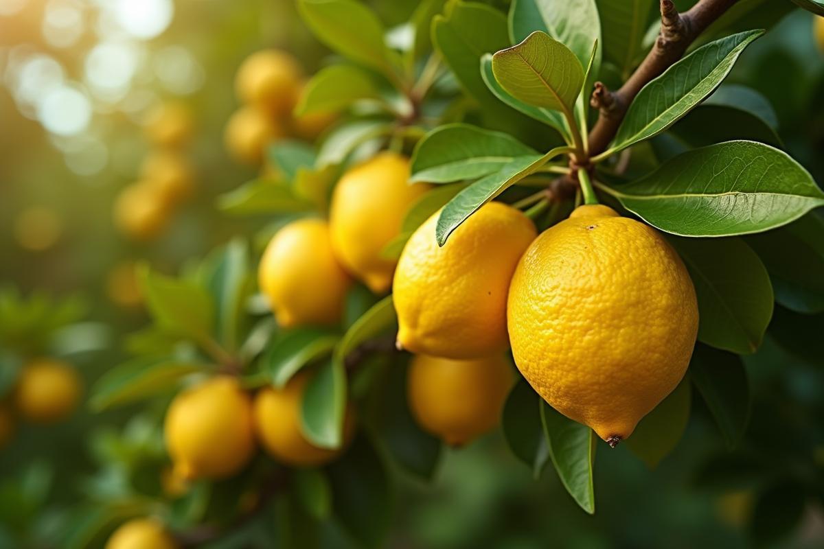 Citronnier en fleurs avec citrons mûrs et verts en plein jour