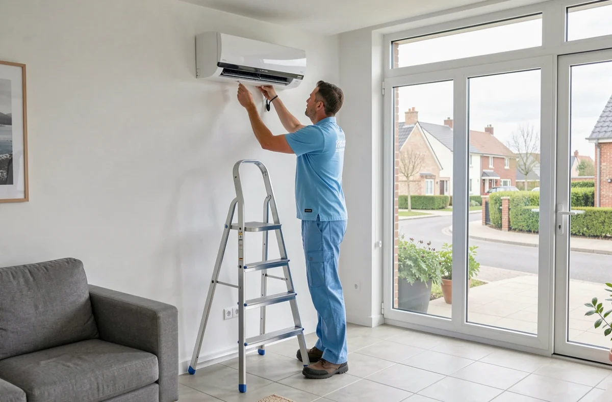 Spécialiste de Climatgaz installant un système de climatisation réversible dans un salon des Yvelines