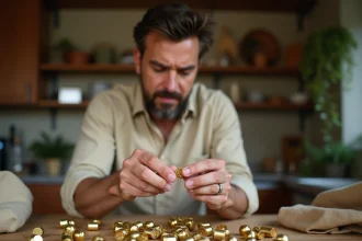 Collectionneur débutant examinant une capsule de champagne dorée et un muselet en fil de fer sur une table en bois couverte de capsules colorées