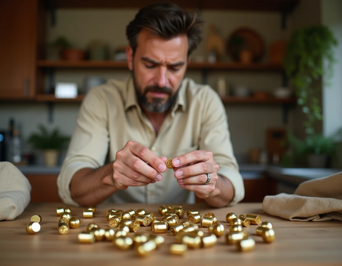 Collectionneur débutant examinant une capsule de champagne dorée et un muselet en fil de fer sur une table en bois couverte de capsules colorées