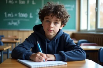 Collégien qui note une conversion de mètre cube en litre dans un cahier de mathématiques en classe