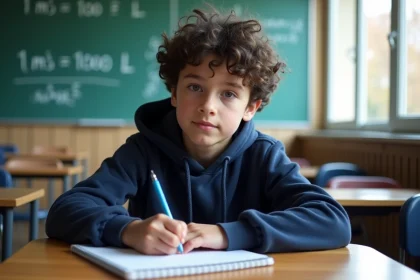 Collégien qui note une conversion de mètre cube en litre dans un cahier de mathématiques en classe
