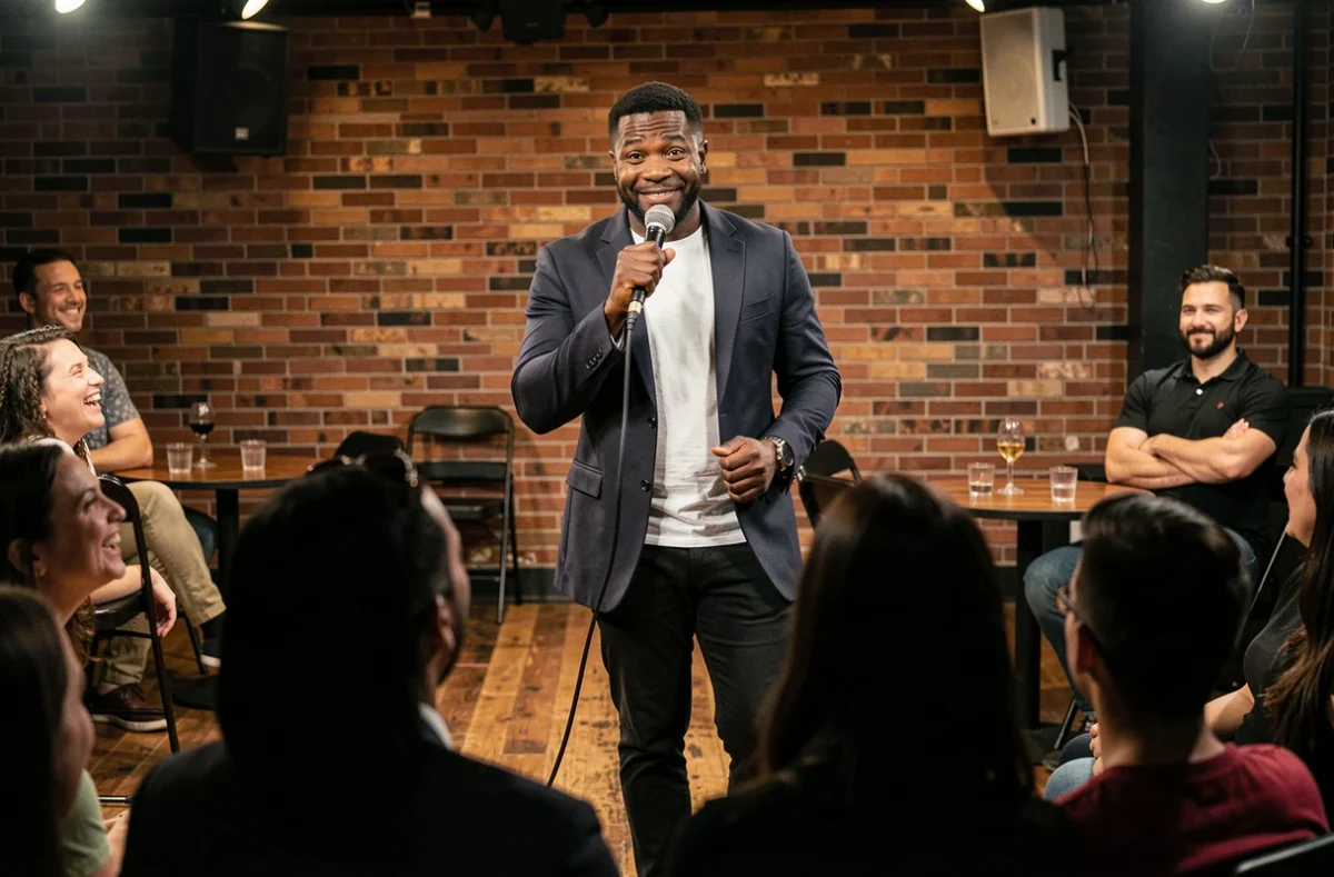 Comédien sur scène dans un club de comédie face à un public aux réactions contrastées, questionnant les limites de l'humour identitaire