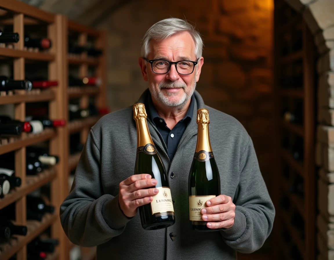 Homme d'une cinquantaine d'années comparant les capsules de deux bouteilles de champagne devant un casier en bois dans une cave en pierre