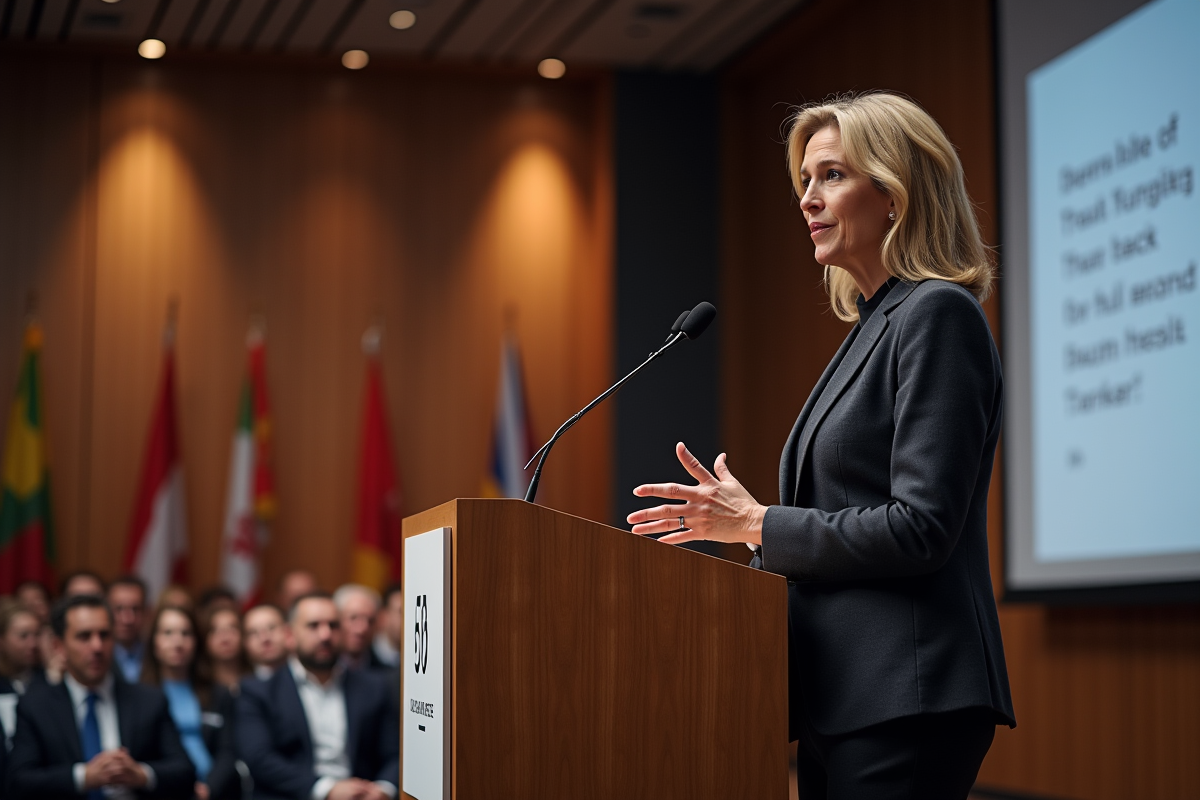 Femme confiante en costume lors d'une conférence