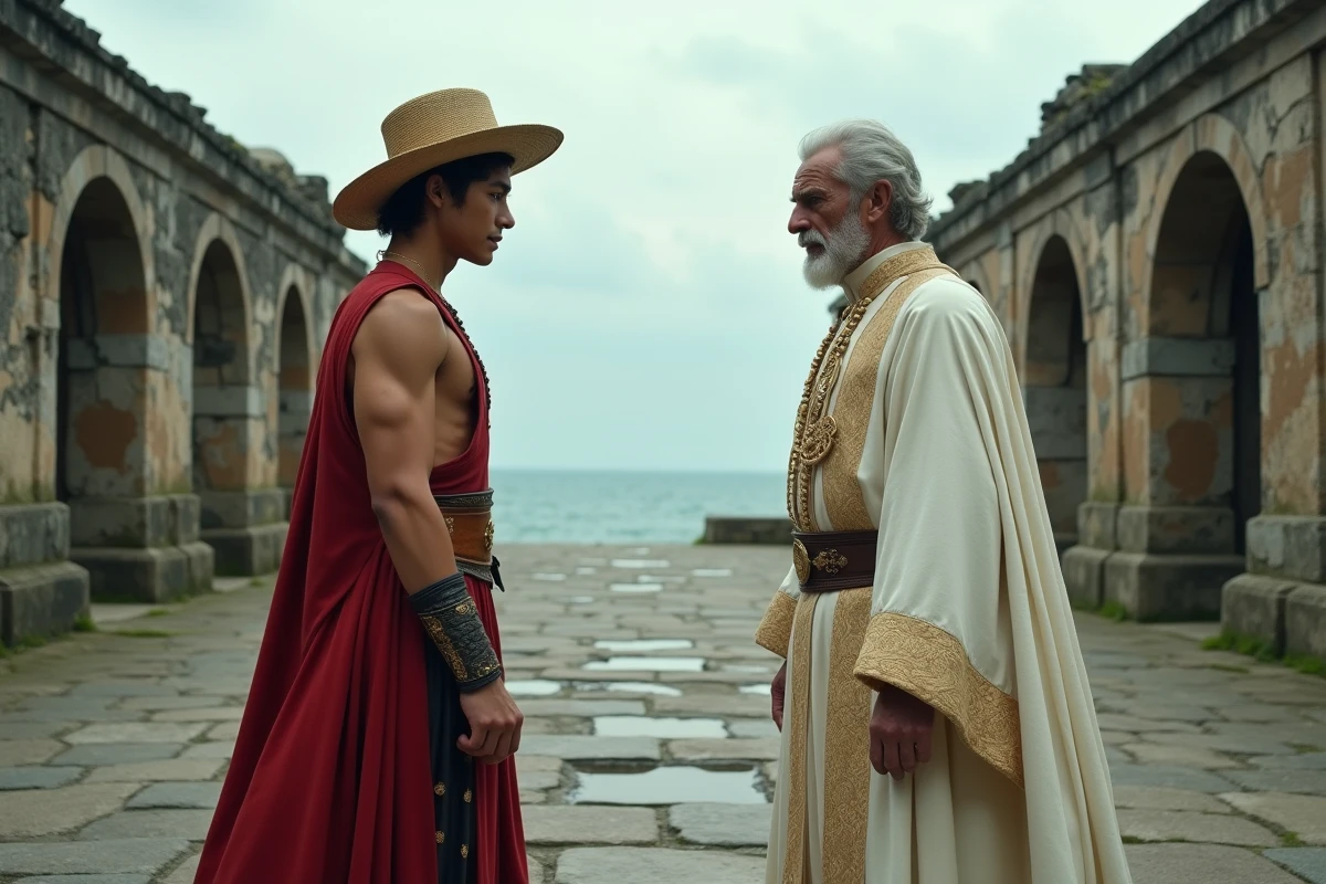 Confrontation entre deux personnages symbolisant Luffy et Saint Garling Figarland dans un décor de cour en pierre ancienne, illustrant les théories de fans One Piece
