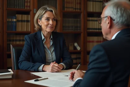 Femme consultant un notaire en office notarial pour une question familiale ou immobilière lors d'une consultation gratuite