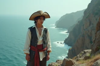 Cosplayer One Piece en pirate avec chapeau de paille sur une falaise rocheuse face à l'océan, ambiance aventure manga