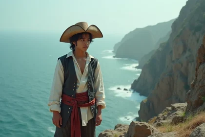 Cosplayer One Piece en pirate avec chapeau de paille sur une falaise rocheuse face à l'océan, ambiance aventure manga