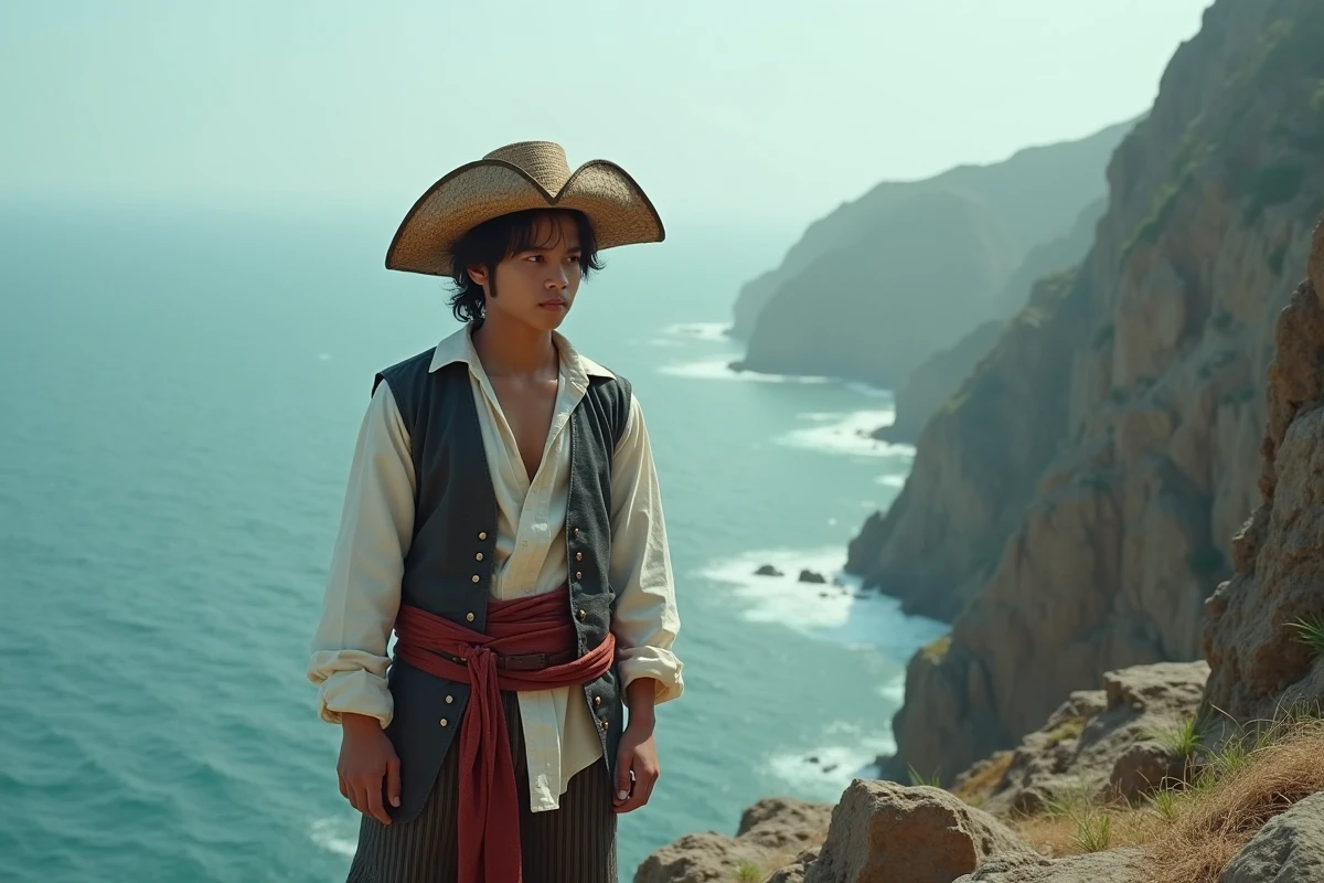 Cosplayer One Piece en pirate avec chapeau de paille sur une falaise rocheuse face à l'océan, ambiance aventure manga