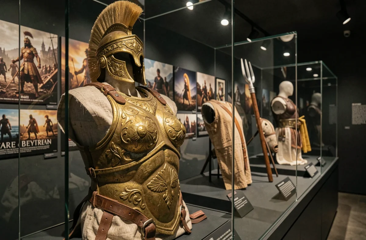 Costumes et accessoires de dieux grecs utilisés dans des productions cinématographiques exposés dans une salle de musée