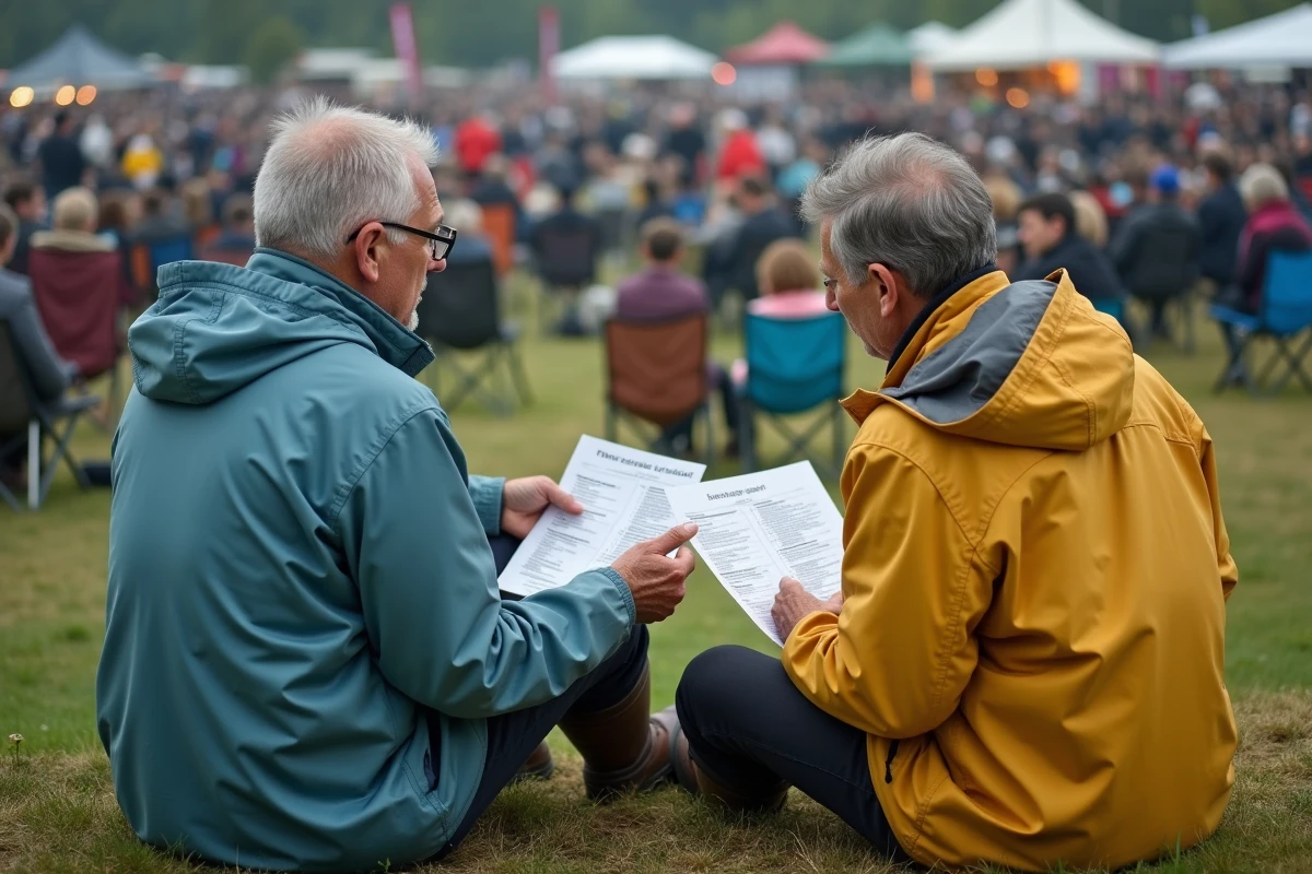 Couple discutant avec programmes de festival sous pluie légère