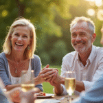 Couple mature souriant lors d'une fête dans un jardin