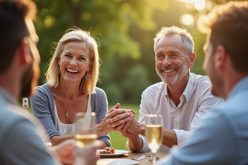 Couple mature souriant lors d'une fête dans un jardin