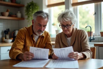 Couple concentré sur résultats Keno à la maison