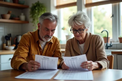 Couple concentré sur résultats Keno à la maison