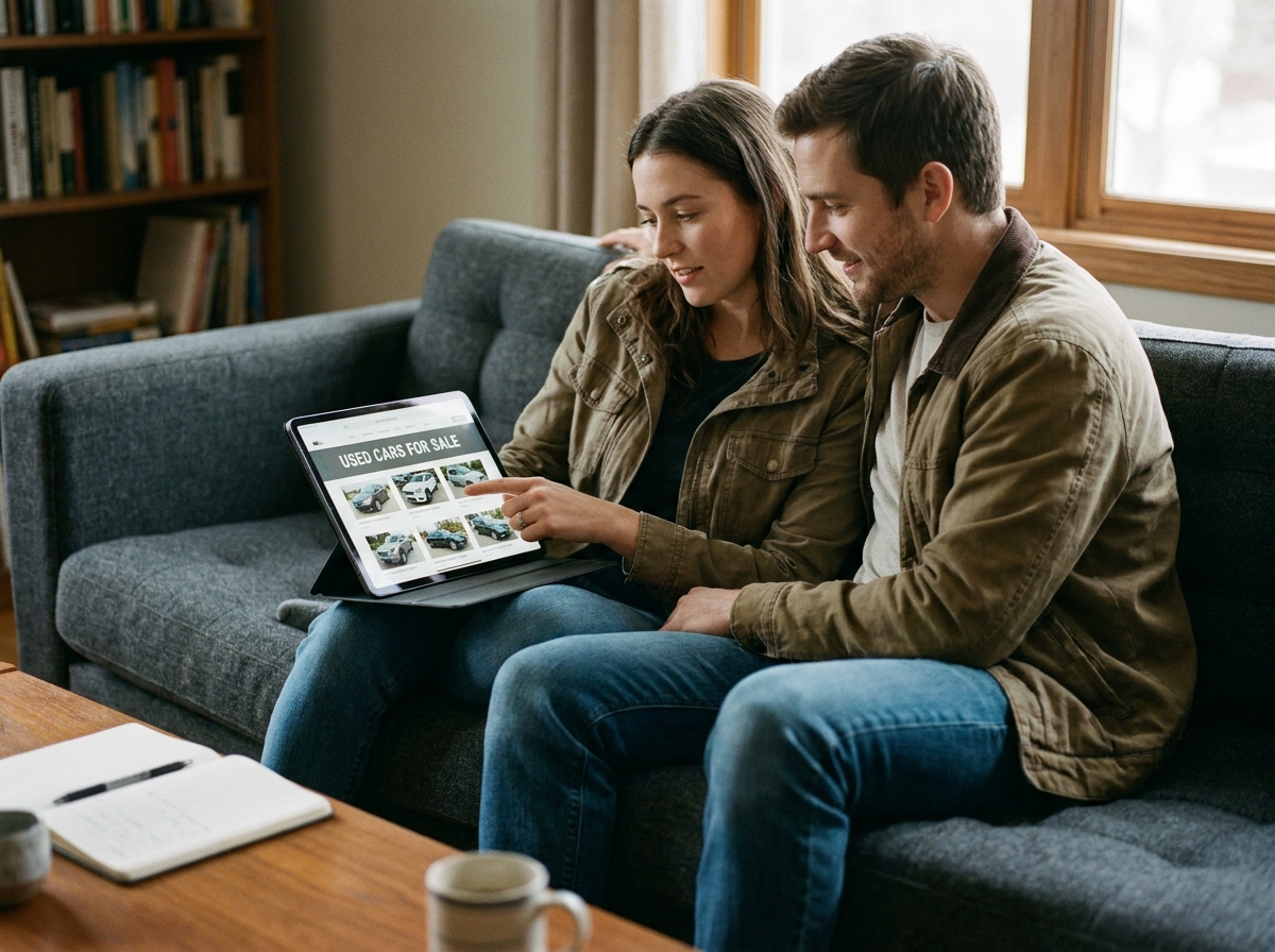 Couple cherchant une voiture d'occasion ensemble sur une tablette dans leur salon
