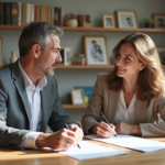 Couple en réunion dans un bureau lumineux et chaleureux