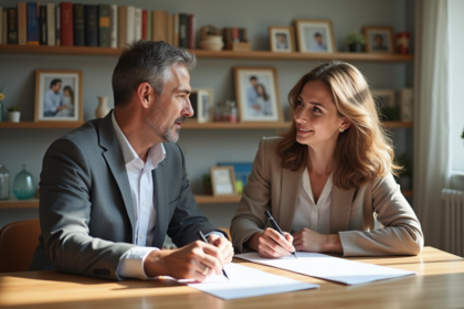 Couple en réunion dans un bureau lumineux et chaleureux