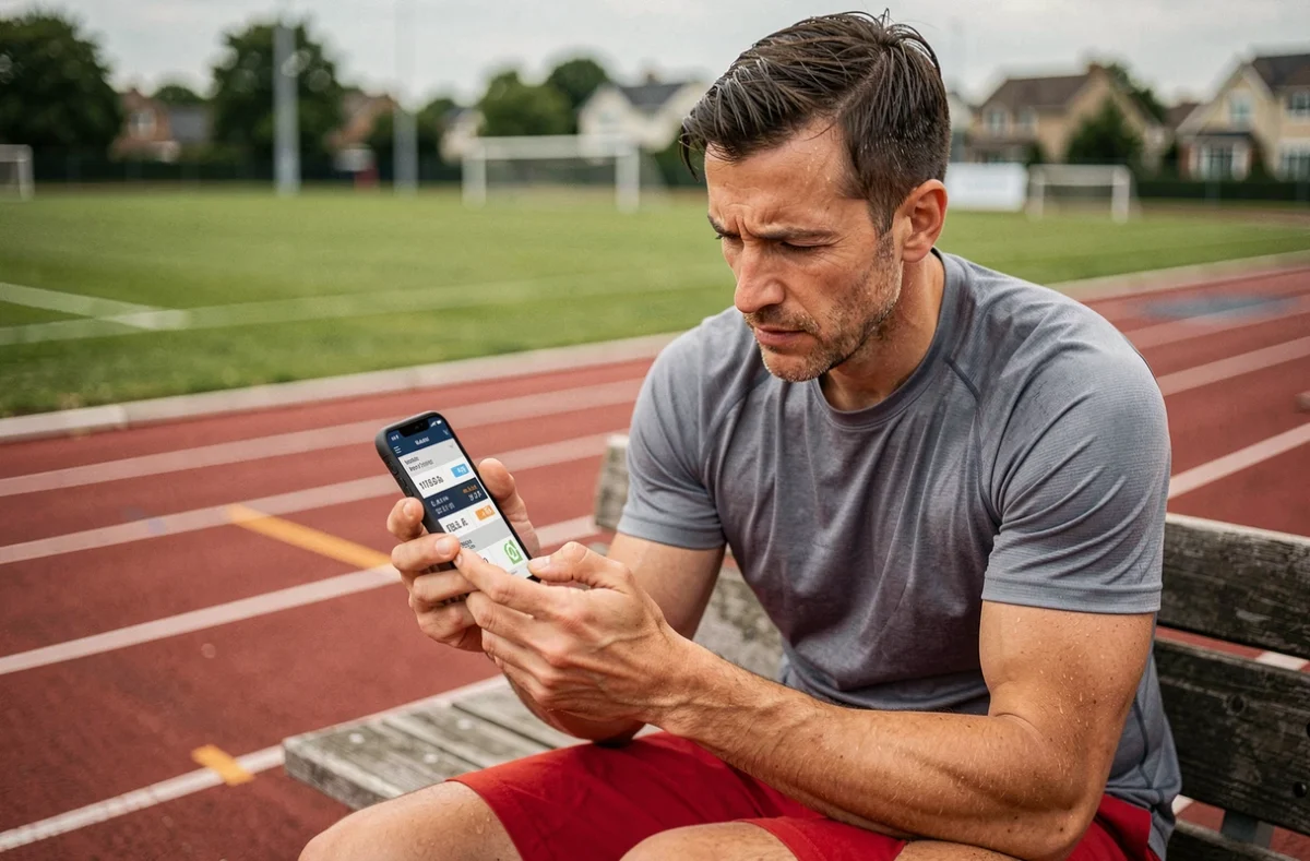 Coureur masculin analysant une application de conversion miles kilomètres sur smartphone assis au bord d'une piste d'athlétisme