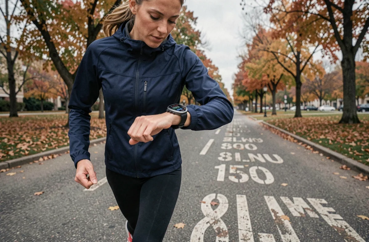 Coureuse consultant sa montre GPS affichant la distance en miles et kilomètres lors d'un entraînement en plein air