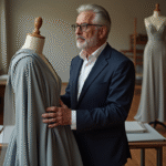 Designer mode homme en atelier avec mannequin et tissus