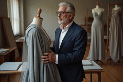 Designer mode homme en atelier avec mannequin et tissus