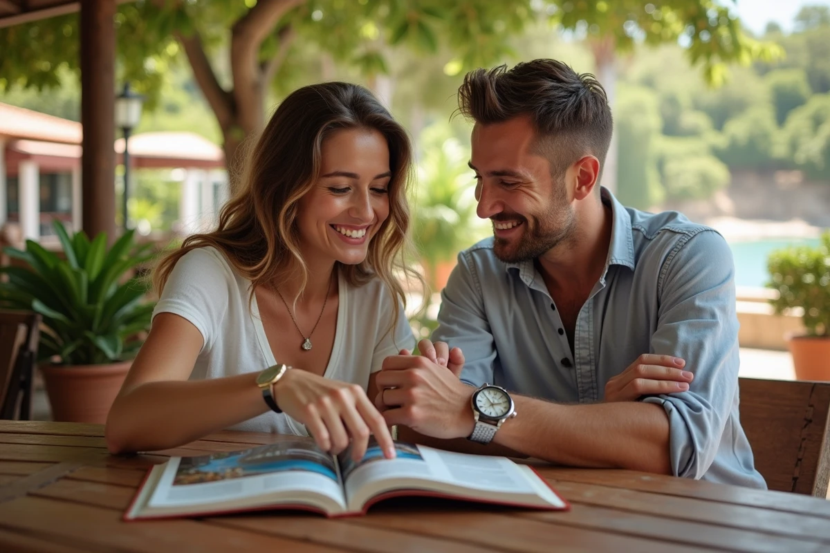 Couple vérifiant le décalage horaire avec La Réunion dans un café tropical avant leur voyage