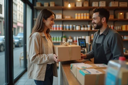 Cliente déposant un colis au comptoir d'un relais colis en épicerie de quartier à Bordeaux