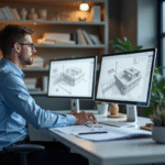 Jeune dessinateur cad au bureau avec double écrans