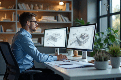 Jeune dessinateur cad au bureau avec double écrans