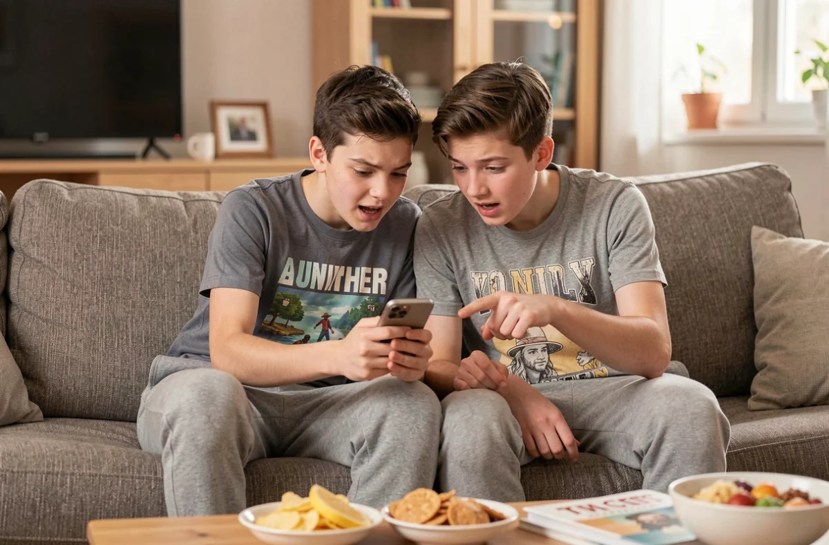 Deux adolescents sur un canapé examinant ensemble comment scanner un code Brawl Stars en toute sécurité