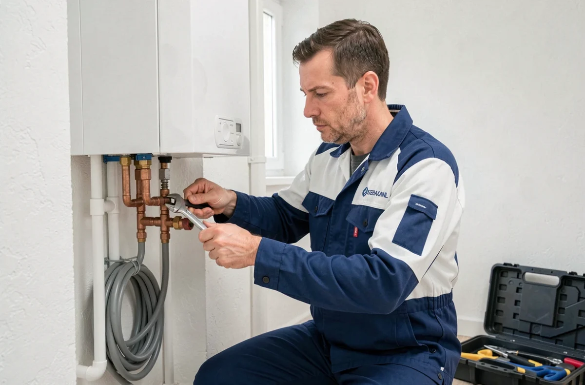 Technicien de Diamantis installant une chaudière à condensation dans un appartement des Yvelines