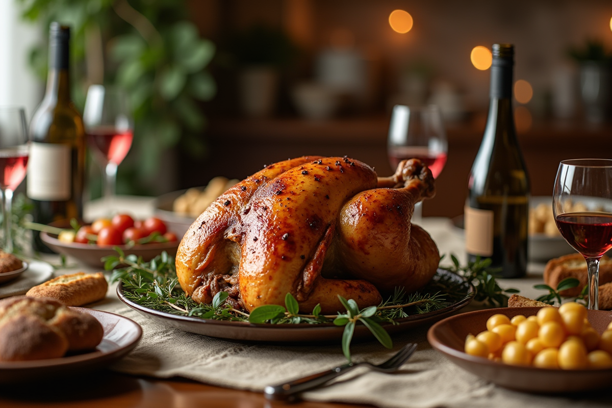 Dinde rotee sur une table élégante avec vins et pain rustique