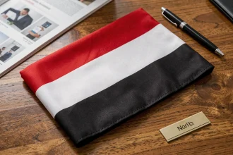 Drapeau rouge blanc noir plié soigneusement sur un bureau en chêne avec un catalogue d'achat professionnel