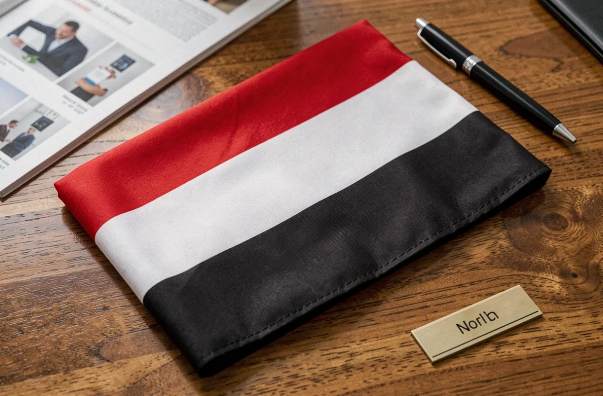 Drapeau rouge blanc noir plié soigneusement sur un bureau en chêne avec un catalogue d'achat professionnel