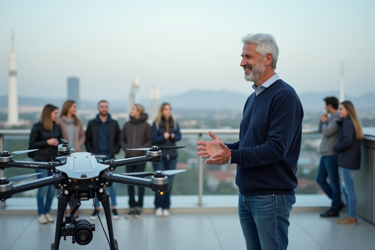 Innovateur montrant un drone futuriste a des étudiants en plein air