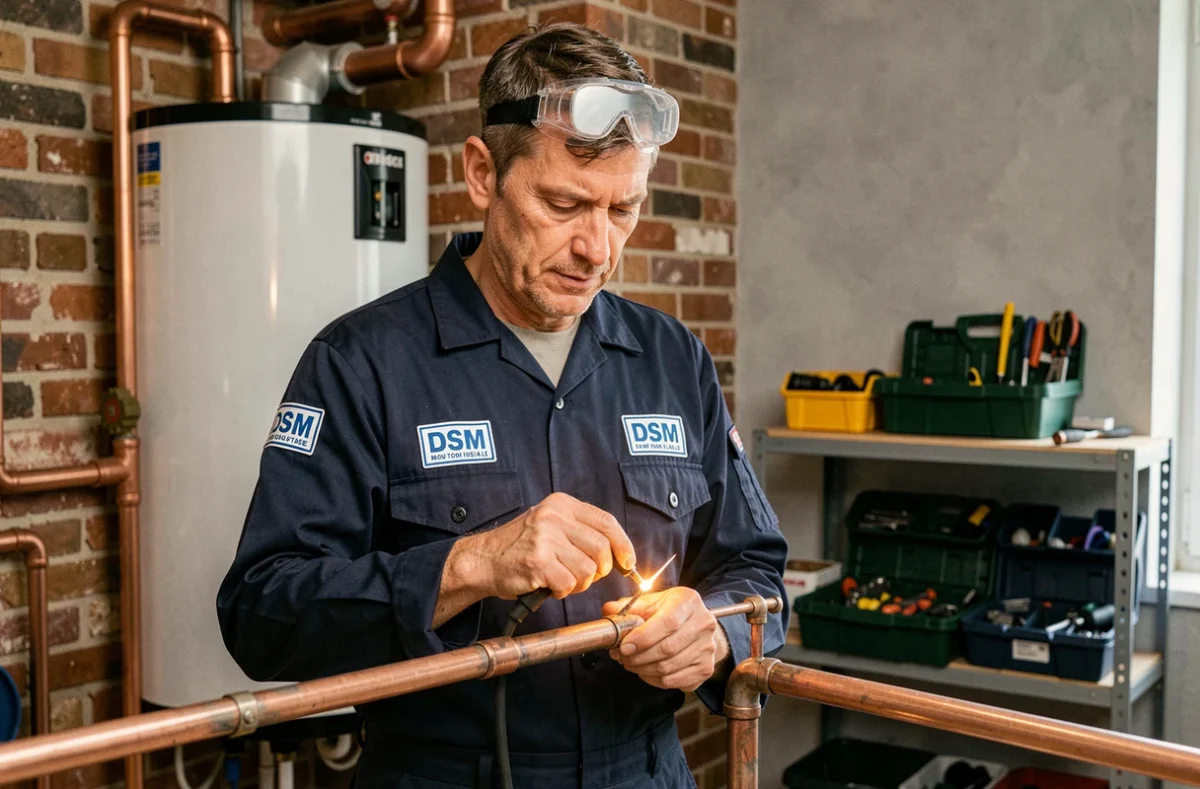 Technicien DSM Plomberie & Chauffage en train de souder des raccords en cuivre dans une salle technique