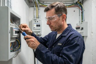 Électricien professionnel câblant un tableau électrique dans une maison en Meurthe-et-Moselle