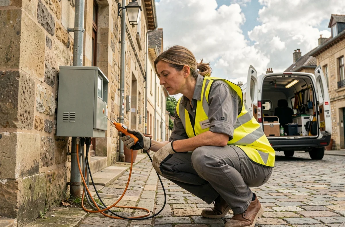 Électricienne inspectant une boîte de jonction extérieure sur un bâtiment commercial en Meurthe-et-Moselle