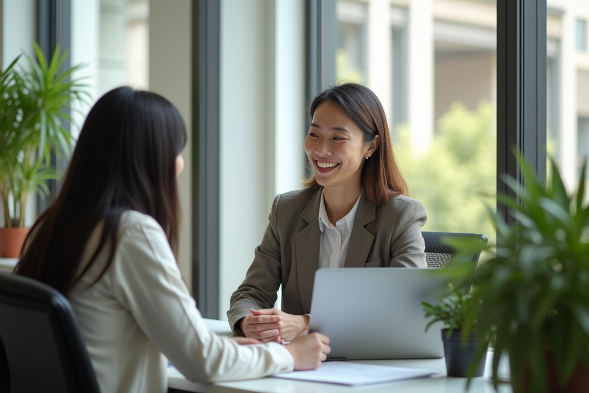 Employe souriant recevant conseil dans un bureau lumineux