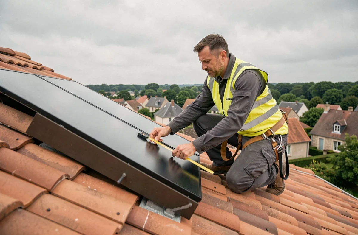 Technicien d'Energies Toitures inspectant des panneaux solaires thermiques sur un toit dans les Yvelines