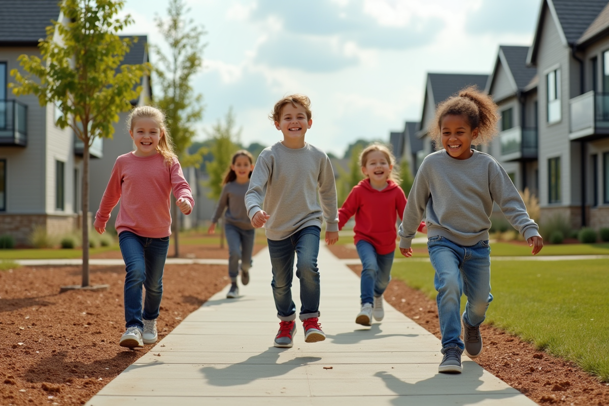 Enfants jouant dans un parc neuf en banlieue