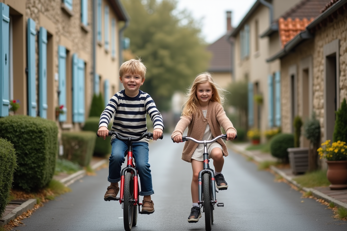 Enfants français roulant à vélo dans une rue résidentielle